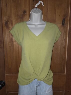 Love & Promises Twist-Front‎ V-Neck Blouse in Light Green